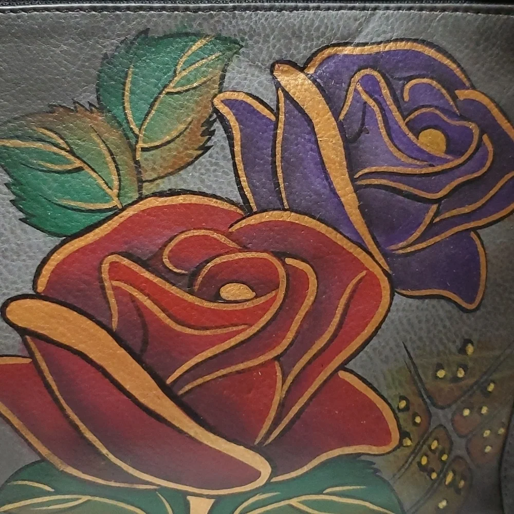 Anuschka Grey handpainted rose animal print safari hobo shoulder bag nwot